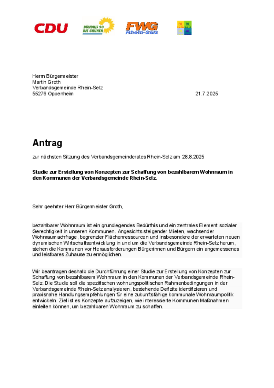 Antrag (21.07.2025): Studie zur Erstellung von Konzepten zur Schaffung von bezahlbarem Wohnraum in den Kommunen der Verbandsgemeinde Rhein-Selz (PDF, ca. 300 KB)