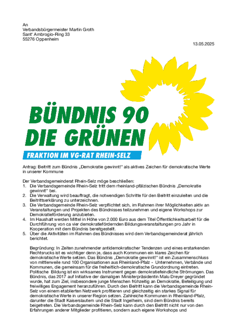 Antrag: Beitritt zum Bündnis „Demokratie gewinnt!" als aktives Zeichen für demokratische Werte in unserer Kommune Antrag: Beitritt zum Bündnis „Demokratie gewinnt!" als aktives Zeichen für demokratische Werte in unserer Kommune