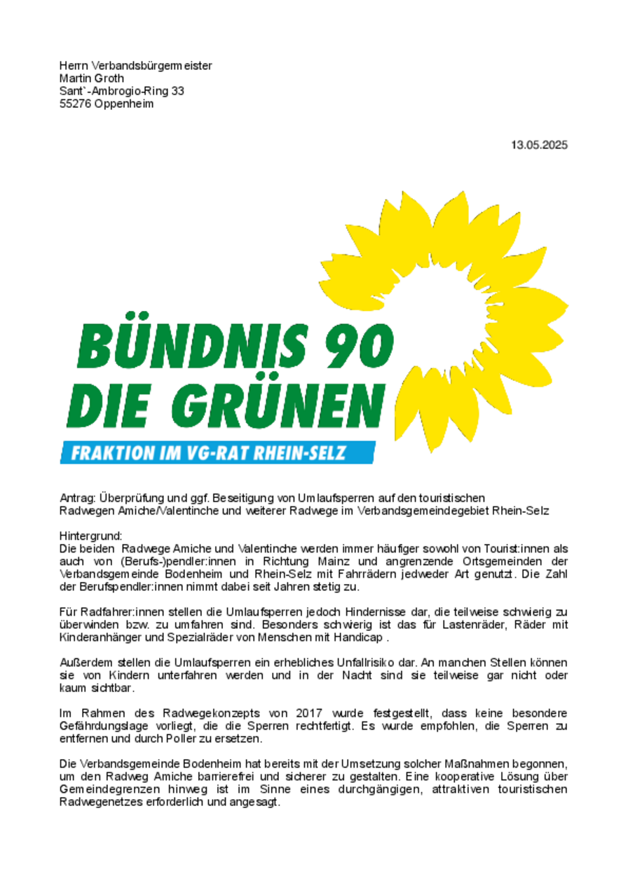 Antrag: Überprüfung und ggf. Beseitigung von Umlaufsperren auf den touristischen Radwegen Amiche/Valentinche und weiterer Radwege im Verbandsgemeindegebiet Rhein-Selz