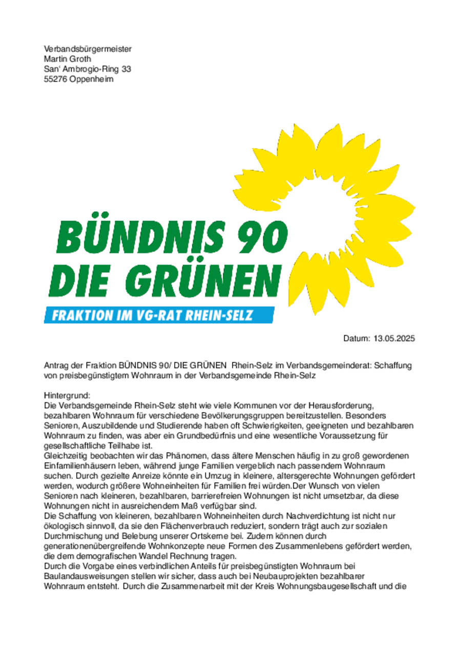 Antrag der Fraktion BÜNDNIS 90/ DIE GRÜNEN Rhein-Selz im Verbandsgemeinderat: Schaffung von preisbegünstigtem Wohnraum in der Verbandsgemeinde Rhein-Selz